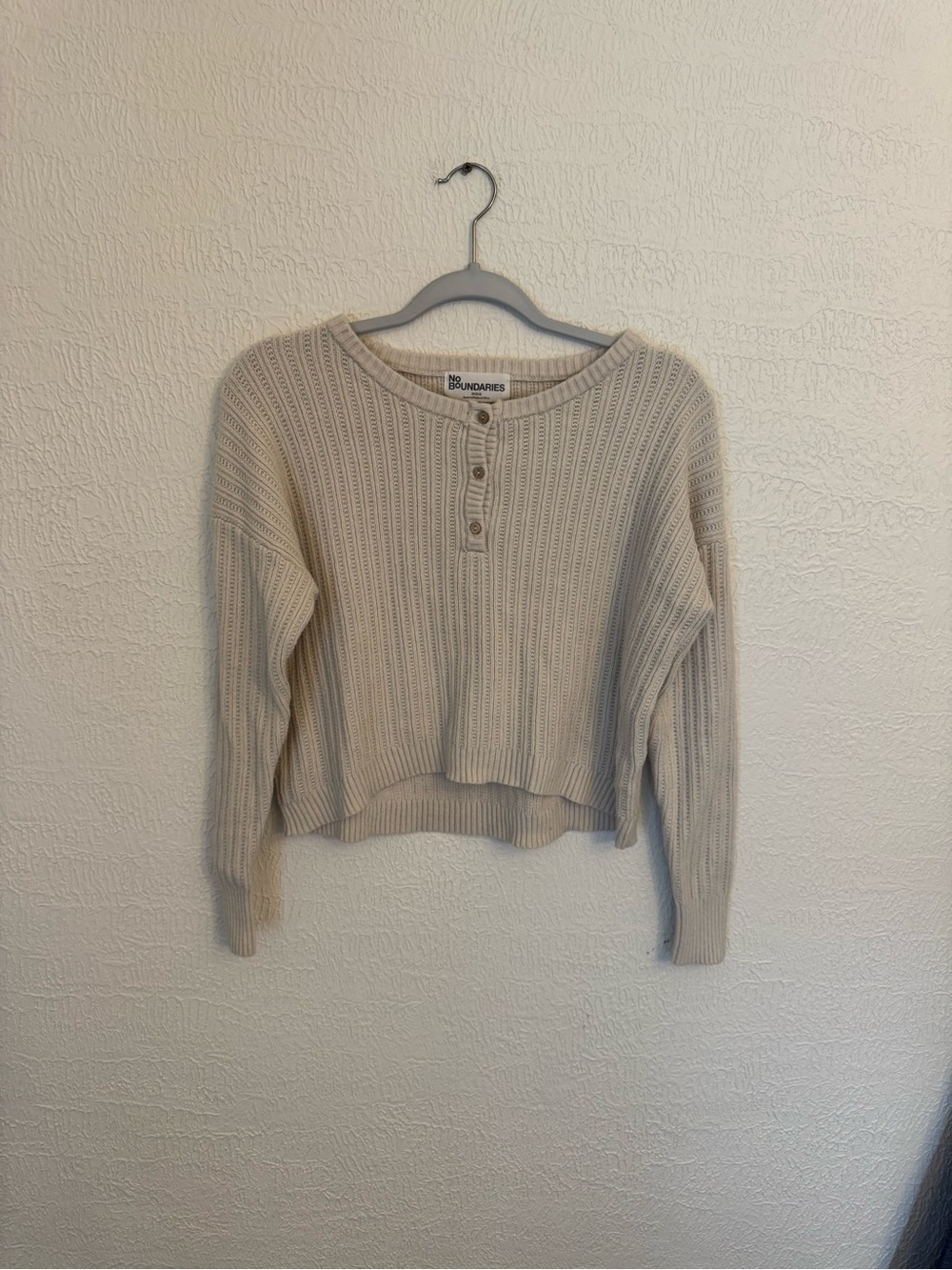 No Boundaries Cream Ribbed Button-Front Scoop Sweater